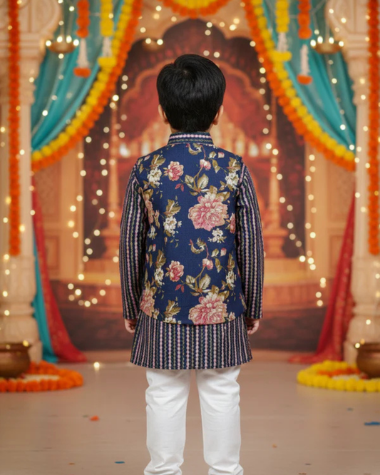 Royal Blue Fulwari Print Jacket with Kurta-Pyjama