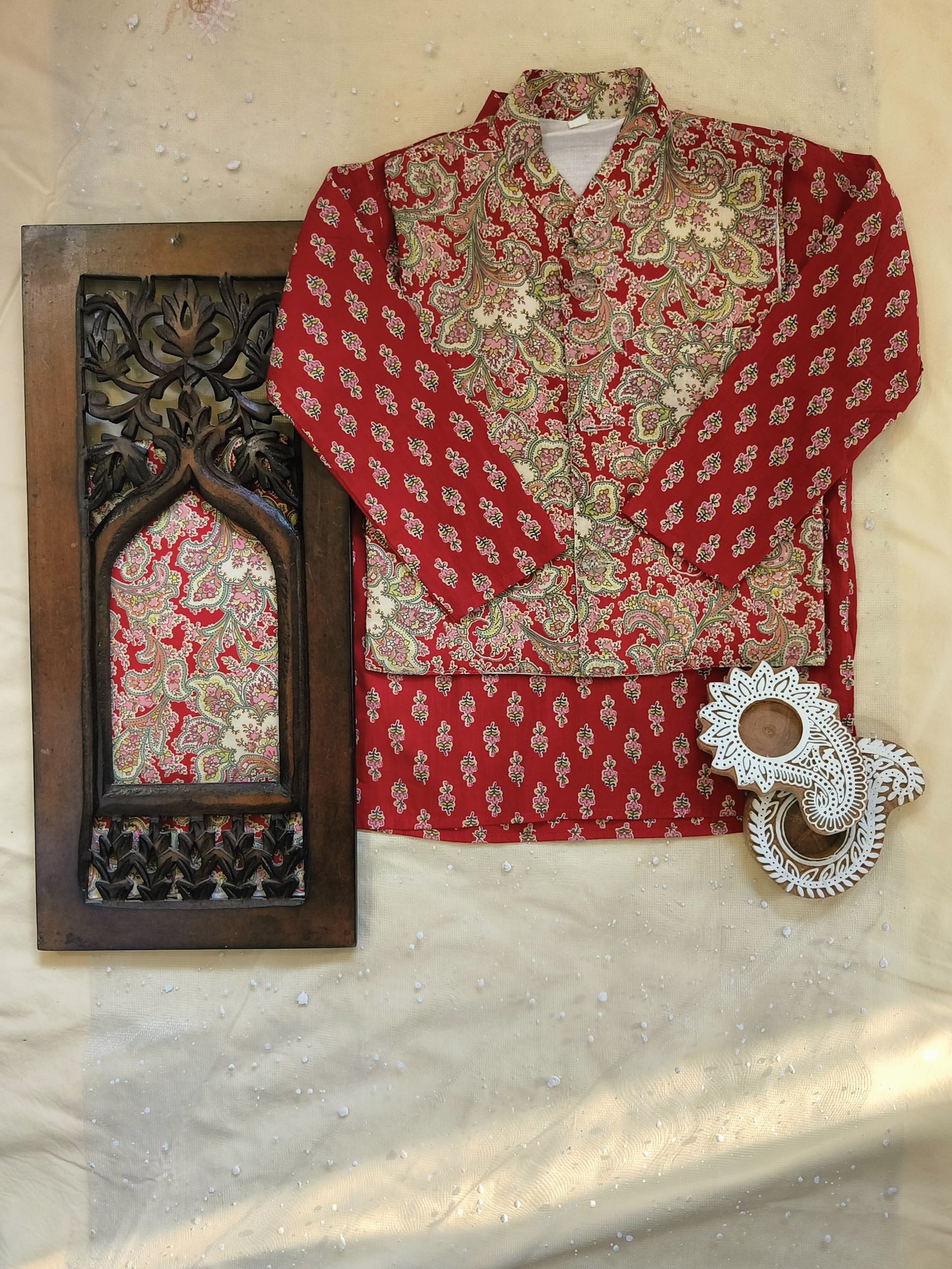 Red Jaal -Buta Jacket with Kurta -Pyjama