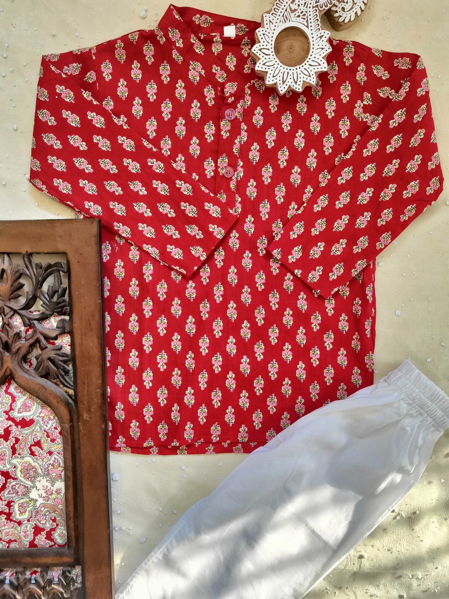 Red Jaal -Buta Jacket with Kurta -Pyjama