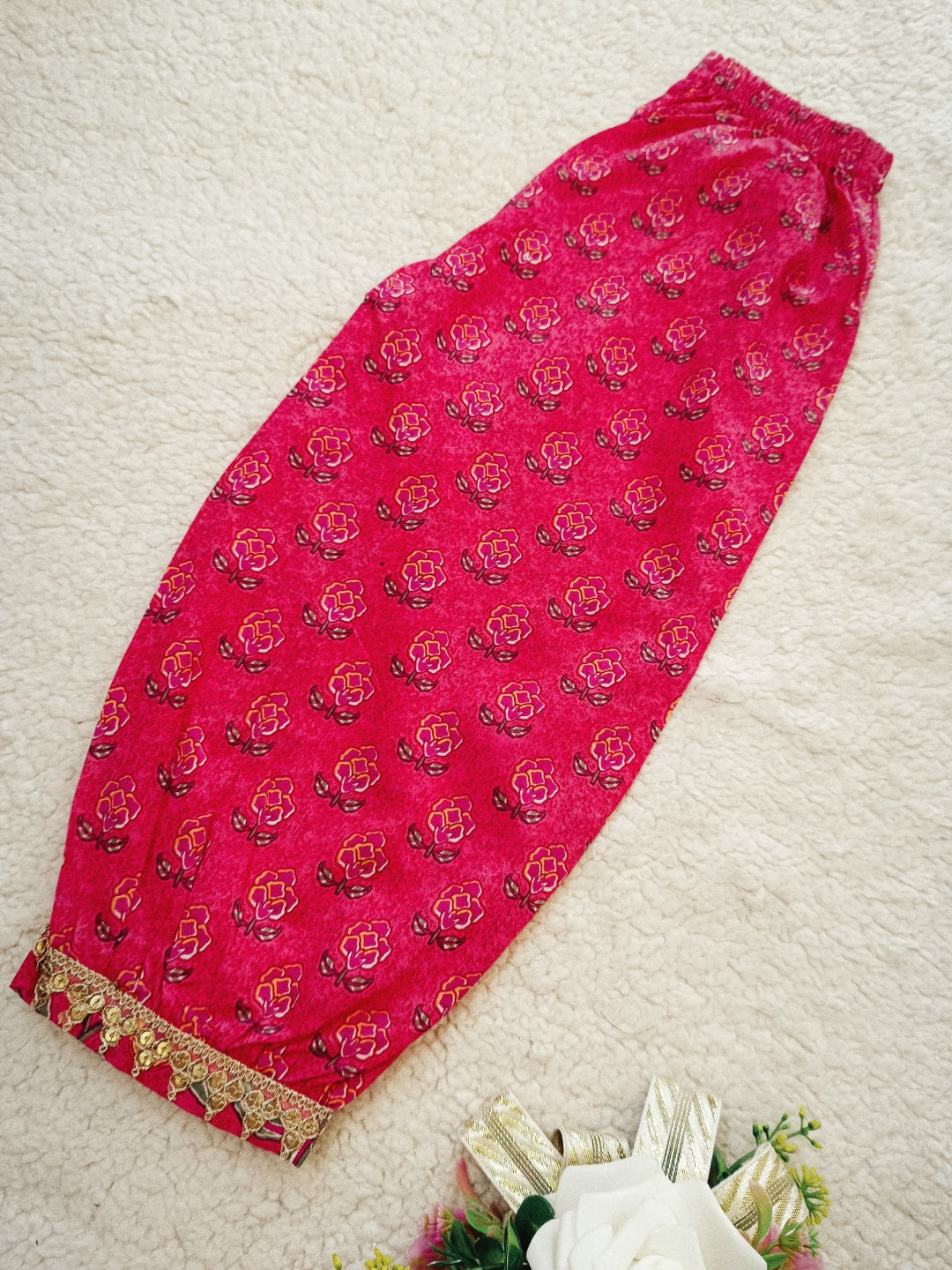 Floral Print Rani Pink Colour Afghani Style Suit Set