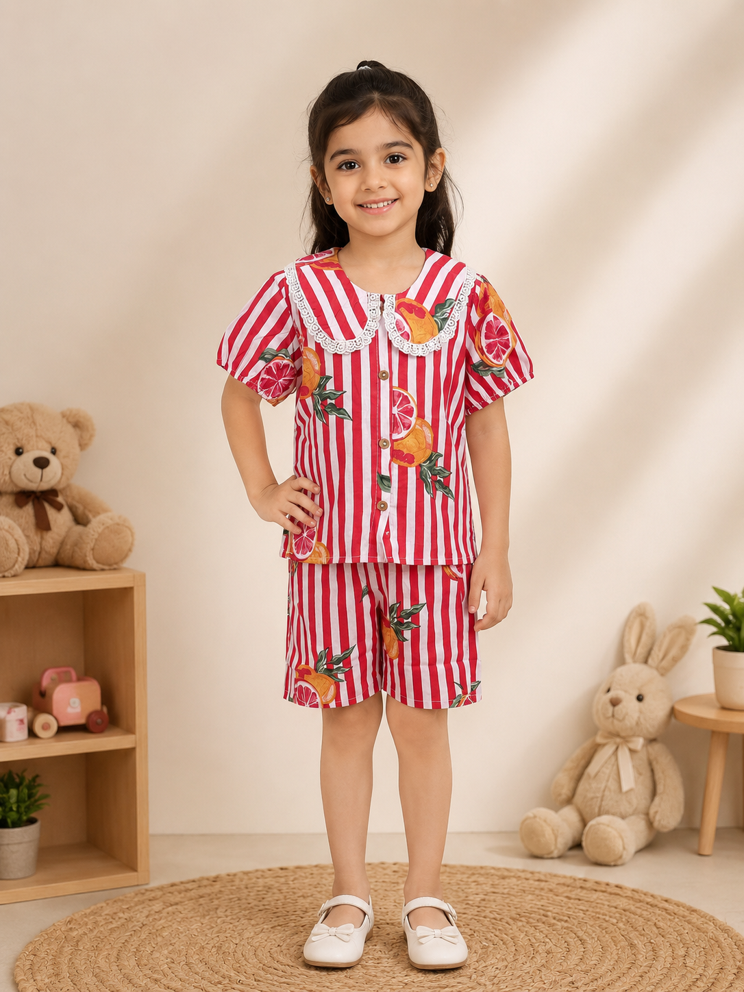 Striped-quirky-fruit printed Cord-Set for Girls
