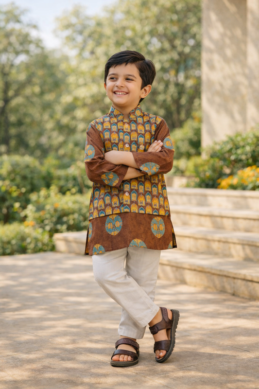 Brown Ajrakh Jacket with Kurta -Pyjama