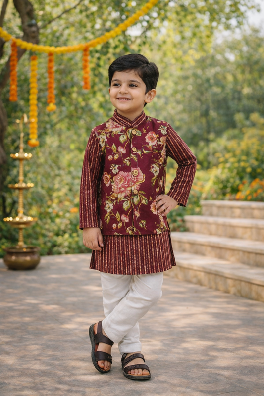 Mehroon Fulwari Jacket with Kurta -Pyjama ( Tie and Dye)