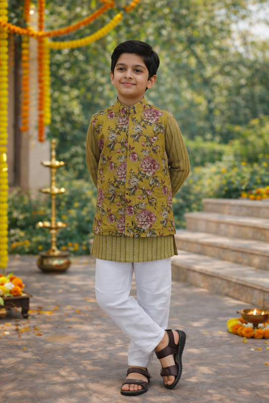 Mustard Fulwari Jacket with Kurta-Pyjama