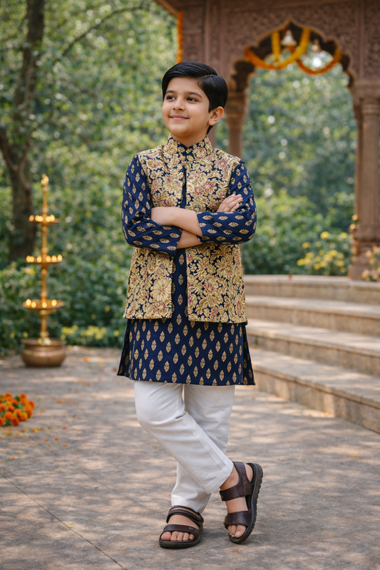 Blue Jaal Buta Jacket with Kurta Pyjama