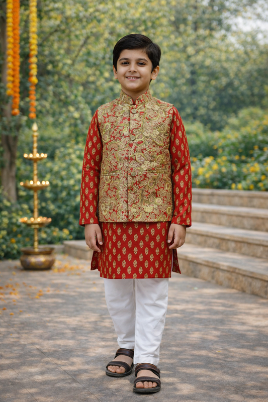 Red Jaal -Buta Jacket with Kurta -Pyjama