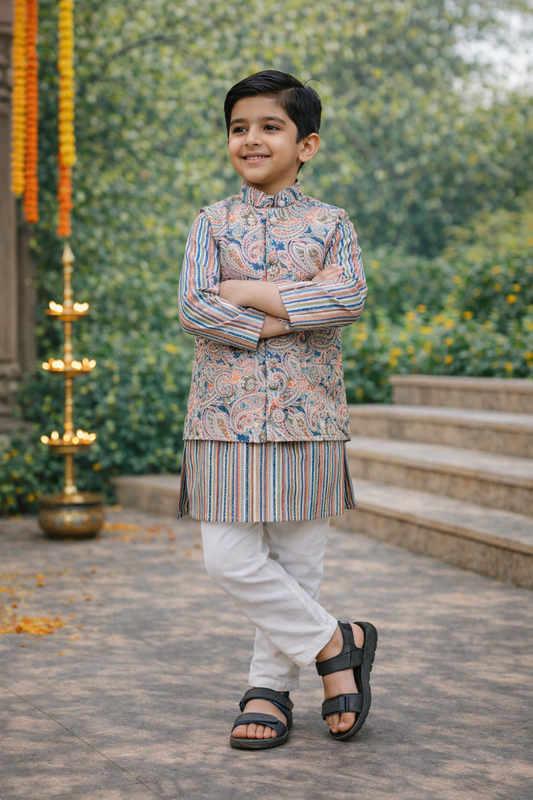 Orange Pastel Paisley Jacket with Kurta Pyjama