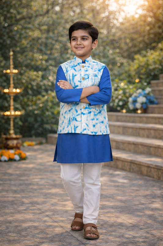 Schiffli Blue Jacket with Kurta -Pyjama