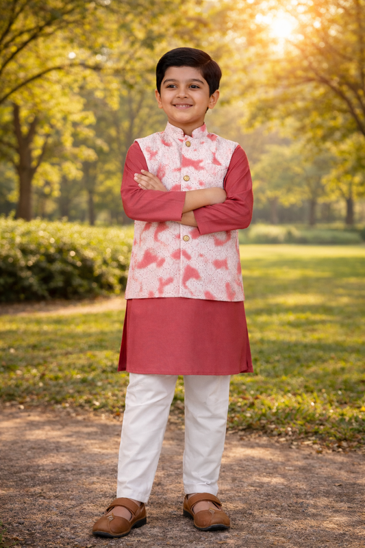 Schiffli Peach-Rust Jacket with Kurta -Pyjama