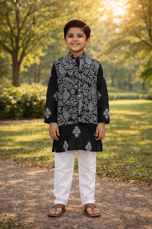Black Khadi Print Jacket with Kurta -Pyjama