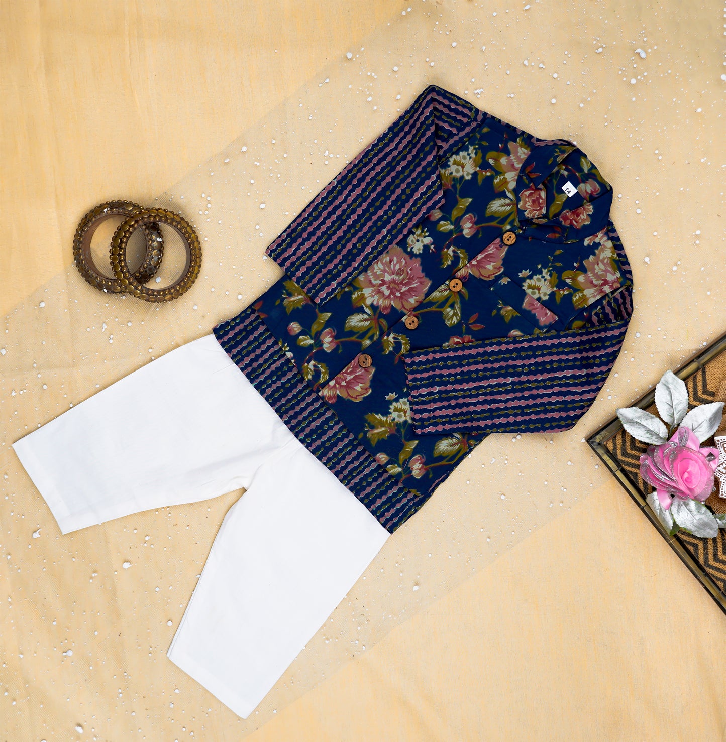 Royal Blue Fulwari Print Jacket with Kurta-Pyjama