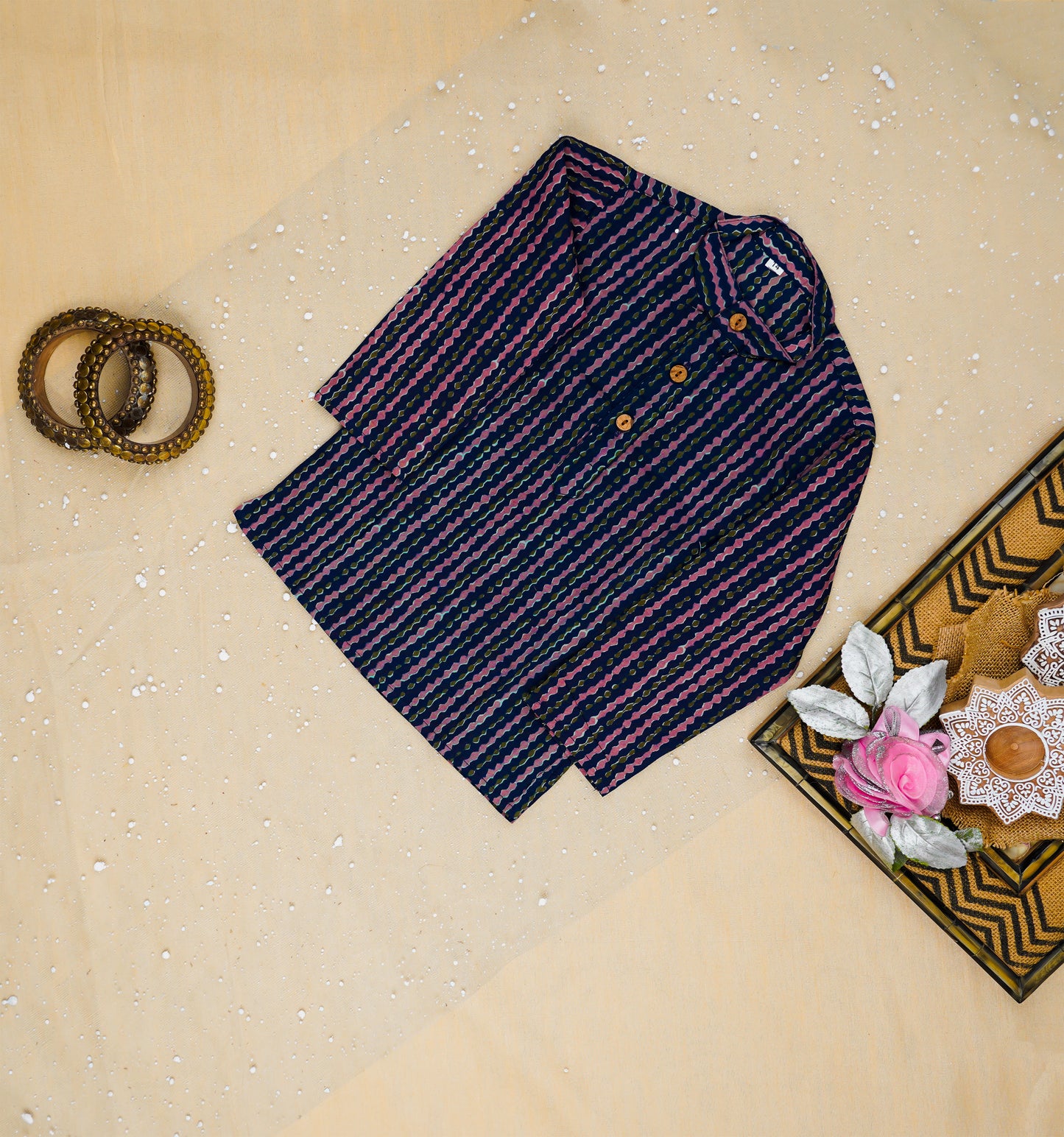 Royal Blue Fulwari Print Jacket with Kurta-Pyjama