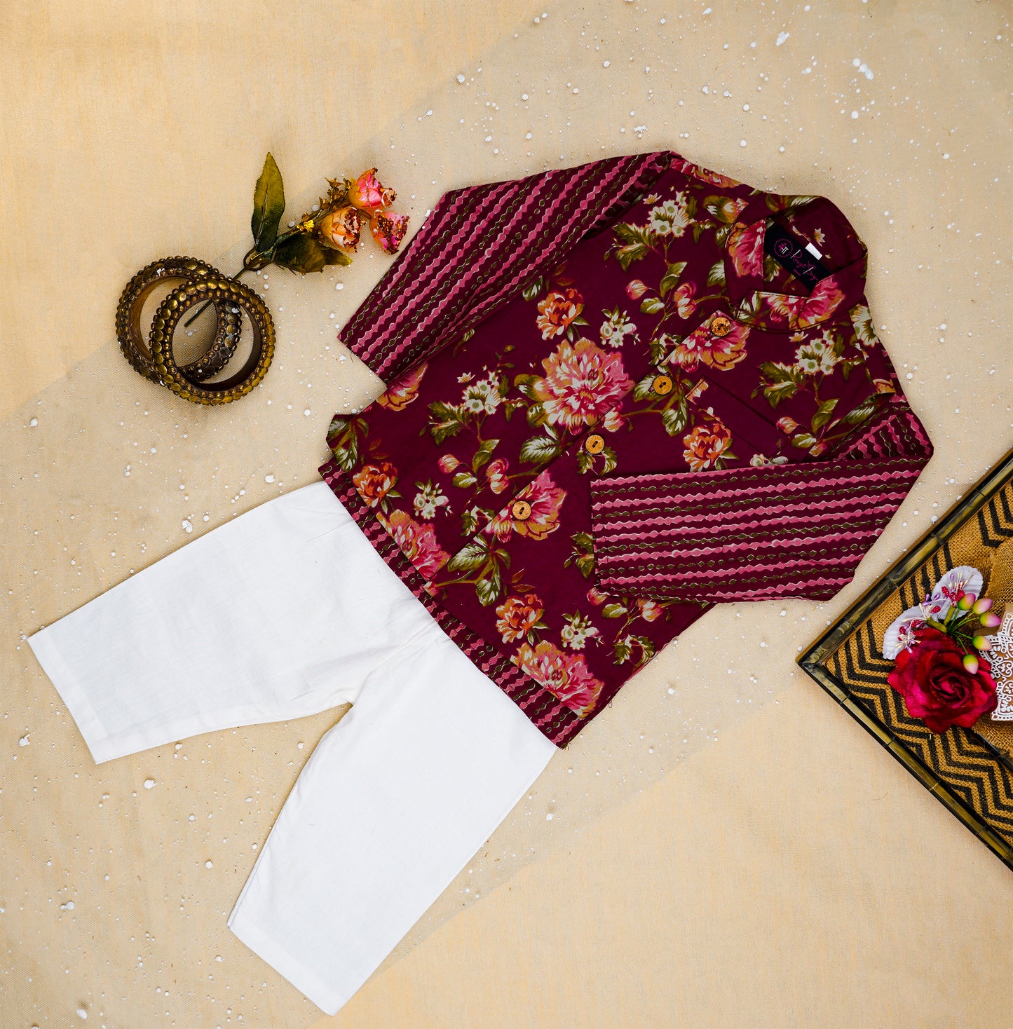 Mehroon Fulwari Jacket with Kurta -Pyjama ( Tie and Dye)