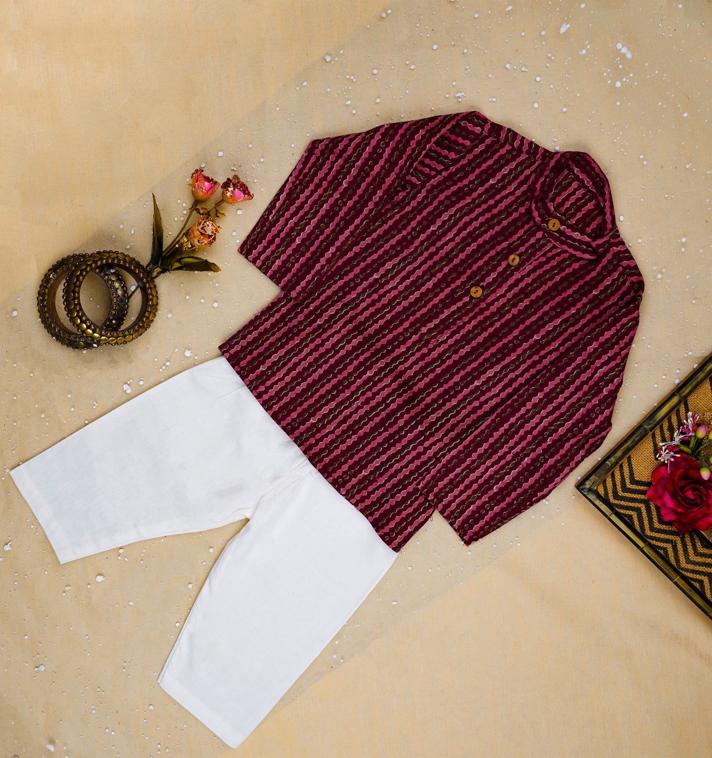 Mehroon Fulwari Jacket with Kurta -Pyjama ( Tie and Dye)
