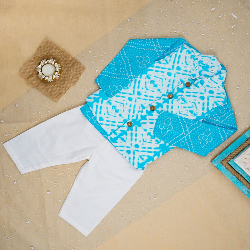 Sky Blue Bandhej Kurta And Jacket With Pyjama (Tie and Dye )
