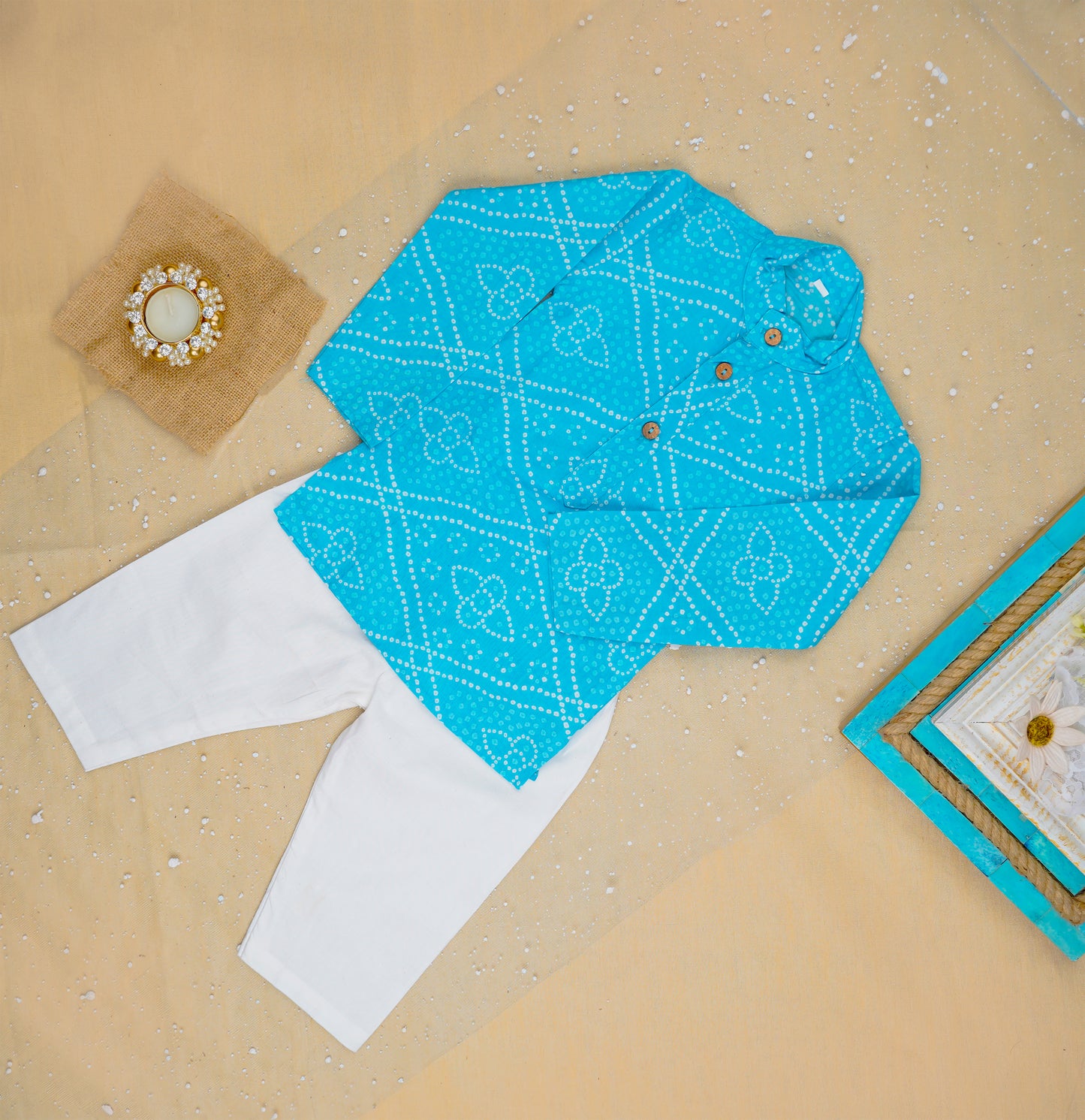 Sky Blue Bandhej Kurta And Jacket With Pyjama (Tie and Dye )