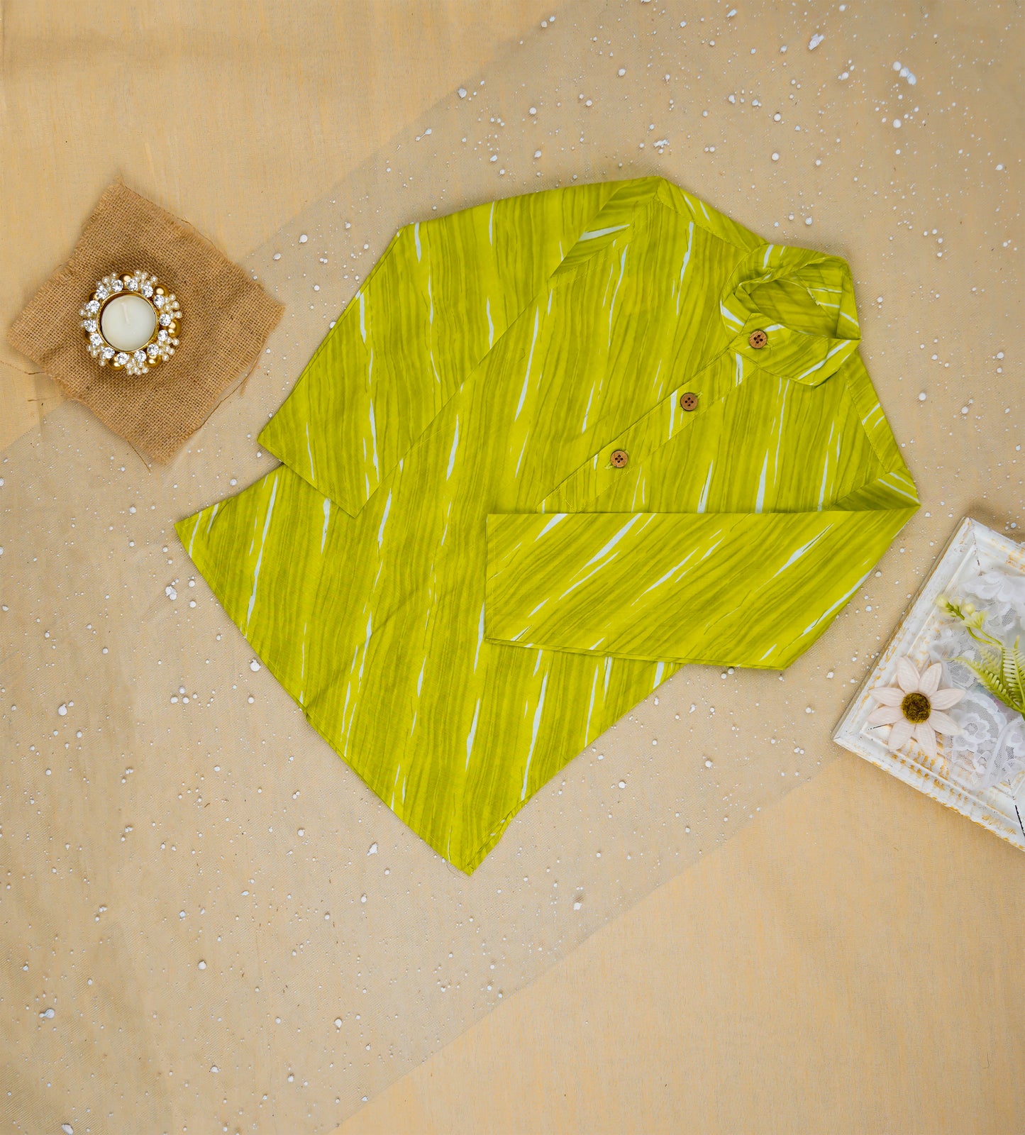 Parrot Green Bandhej Kurta and Jacket with Pyjama (Tie and Dye)