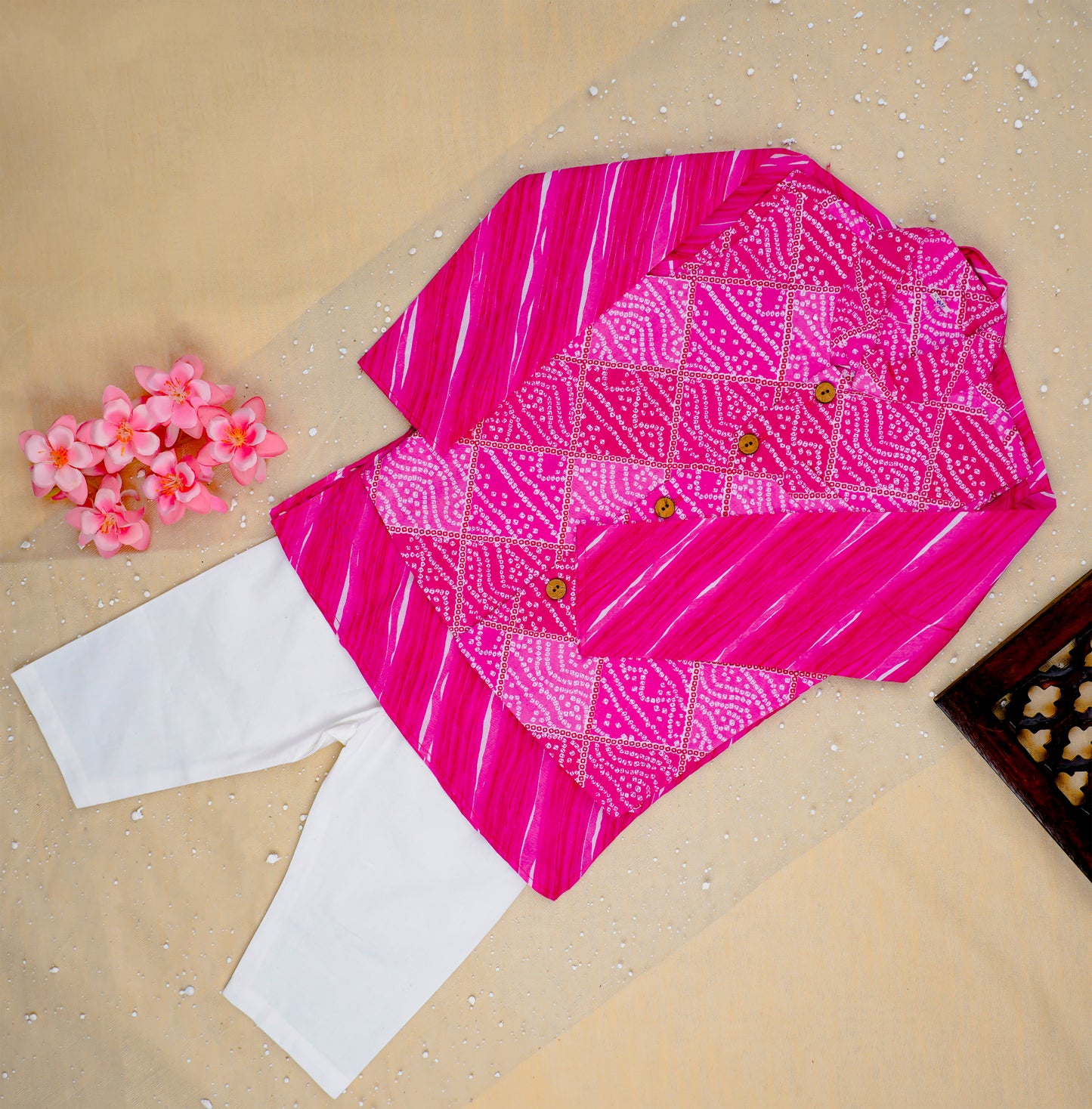Fuchsia Pink Bandhej Kurta and Jacket with Pyjama (Tie and Dye)