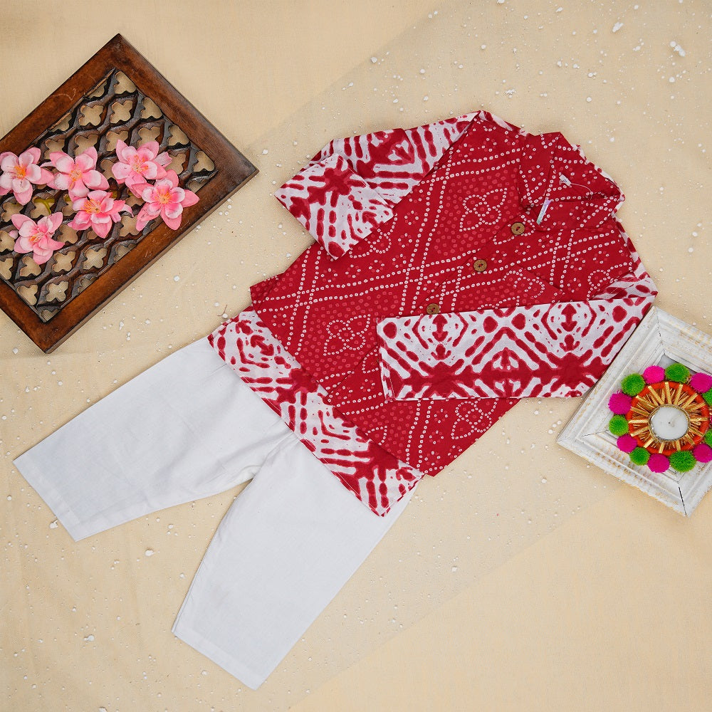 Red Bandhej Kurta And Jacket With Pyjama ( Tie and Dye)