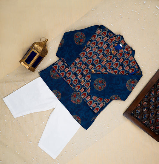 Blue Ajrakh Jacket with Kurta-Pyjama