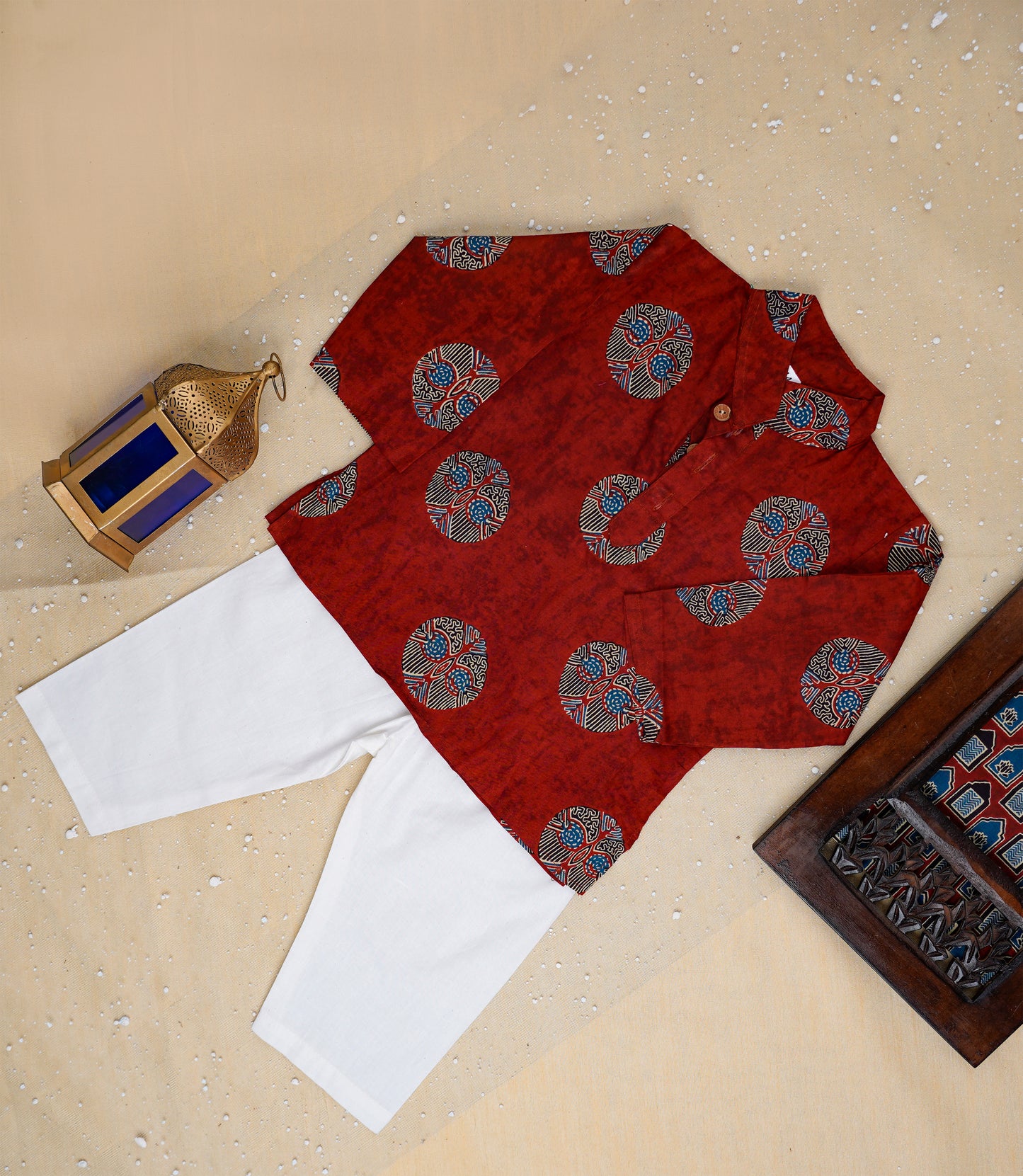 Mehroon Ajrakh Jacket with Kurta-Pyjama