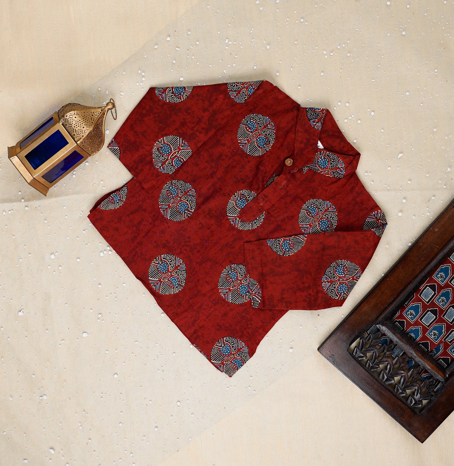 Mehroon Ajrakh Jacket with Kurta-Pyjama