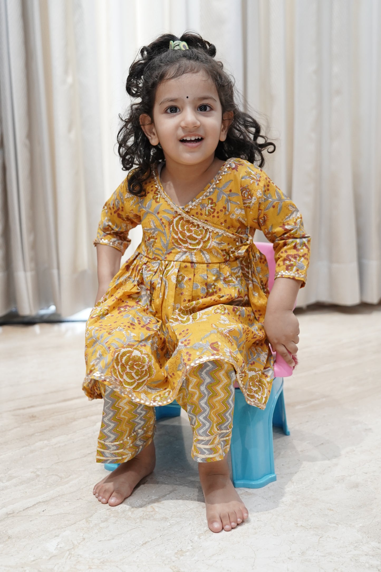 Mustard Colour Floral Printed Girls Flare Suit Set