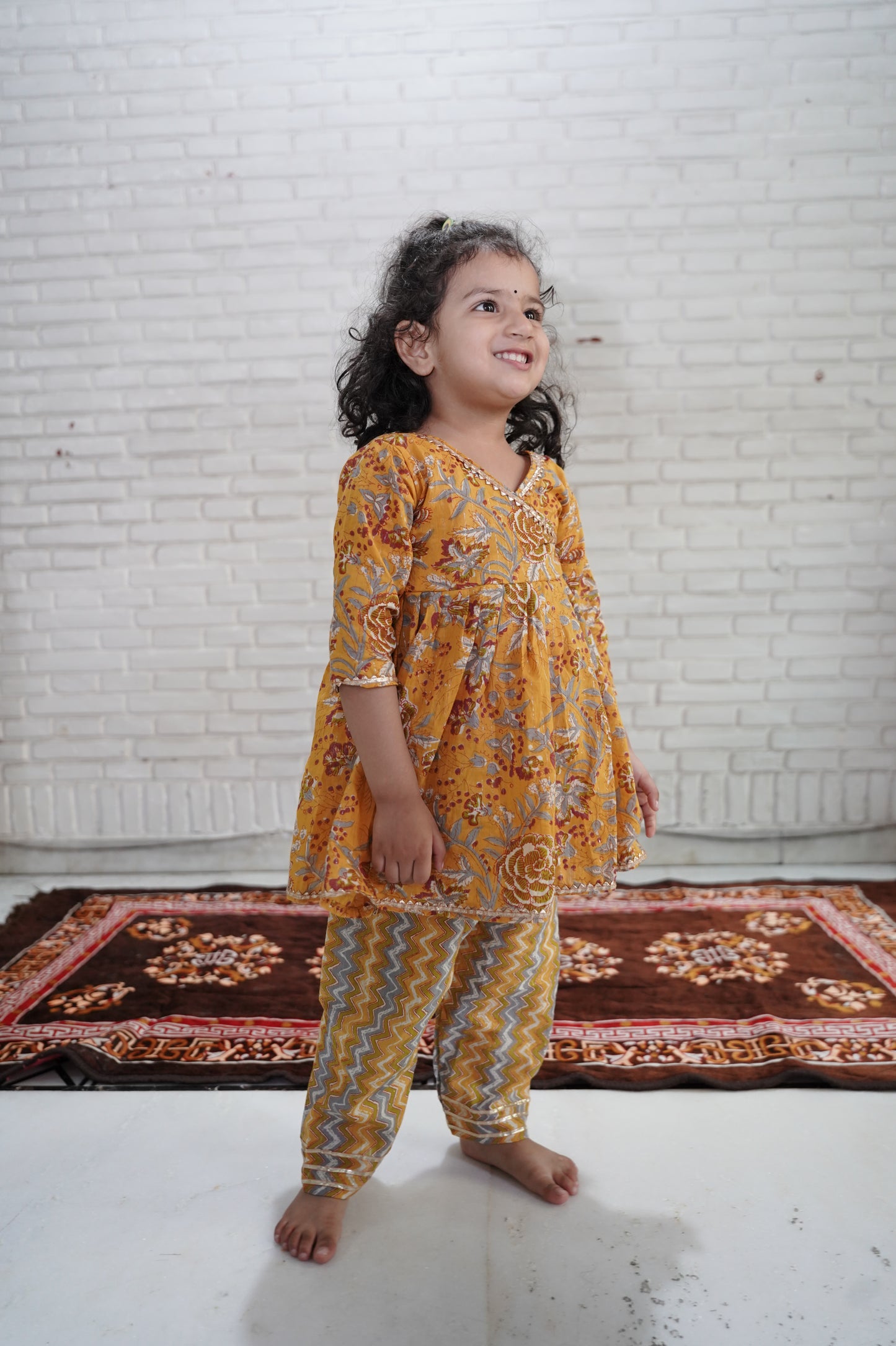 Mustard Colour Floral Printed Girls Flare Suit Set