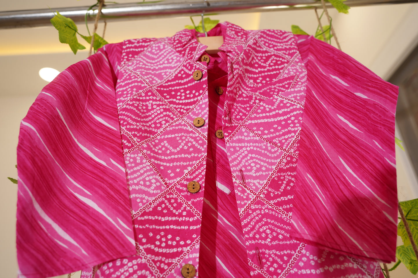 Fuchsia Pink Bandhej Kurta and Jacket with Pyjama (Tie and Dye)