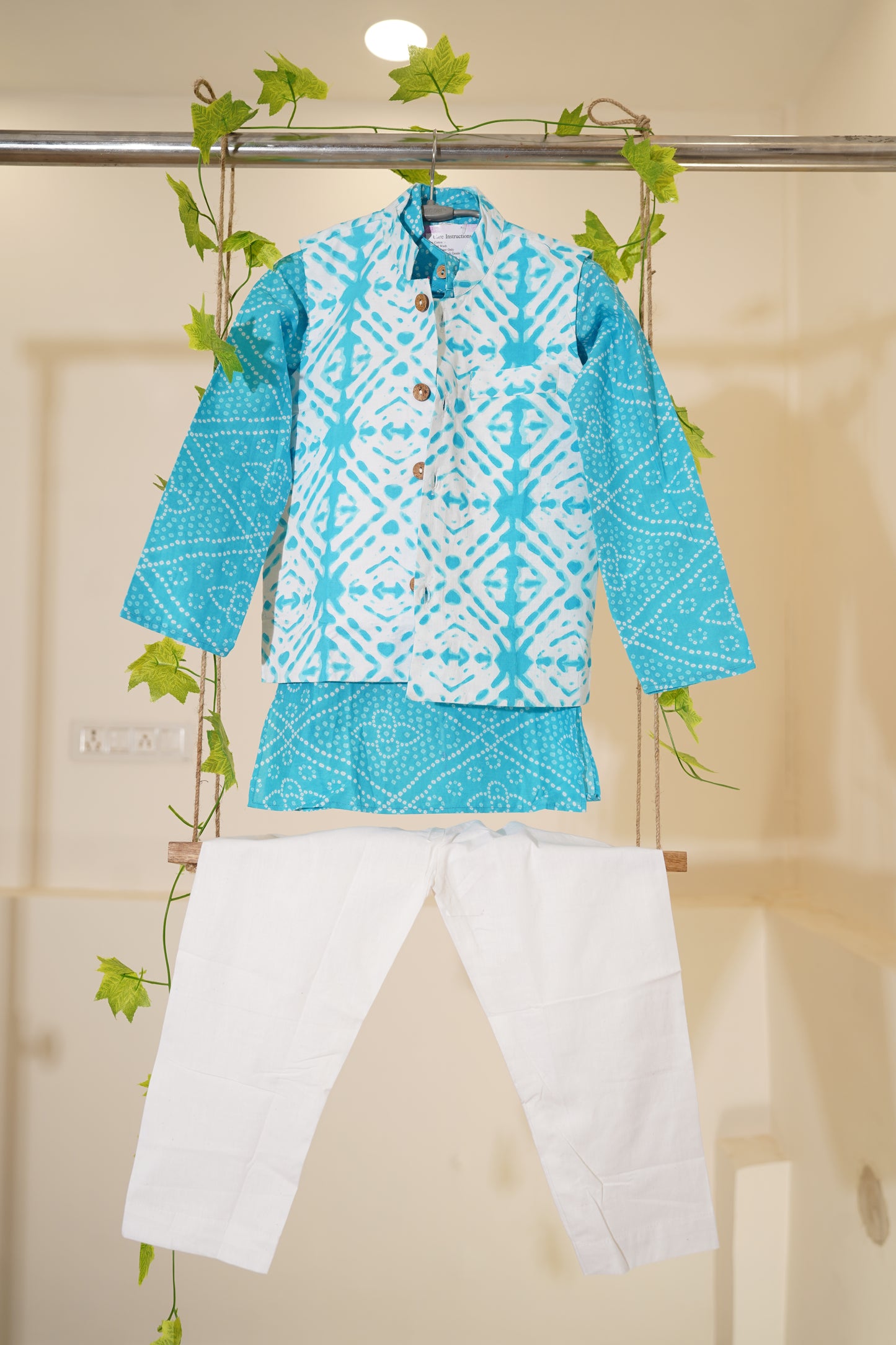 Sky Blue Bandhej Kurta And Jacket With Pyjama (Tie and Dye )