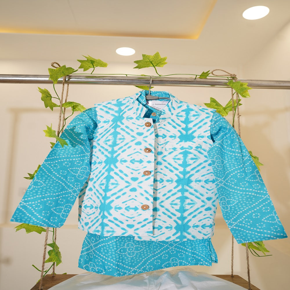 Sky Blue Bandhej Kurta And Jacket With Pyjama (Tie and Dye )