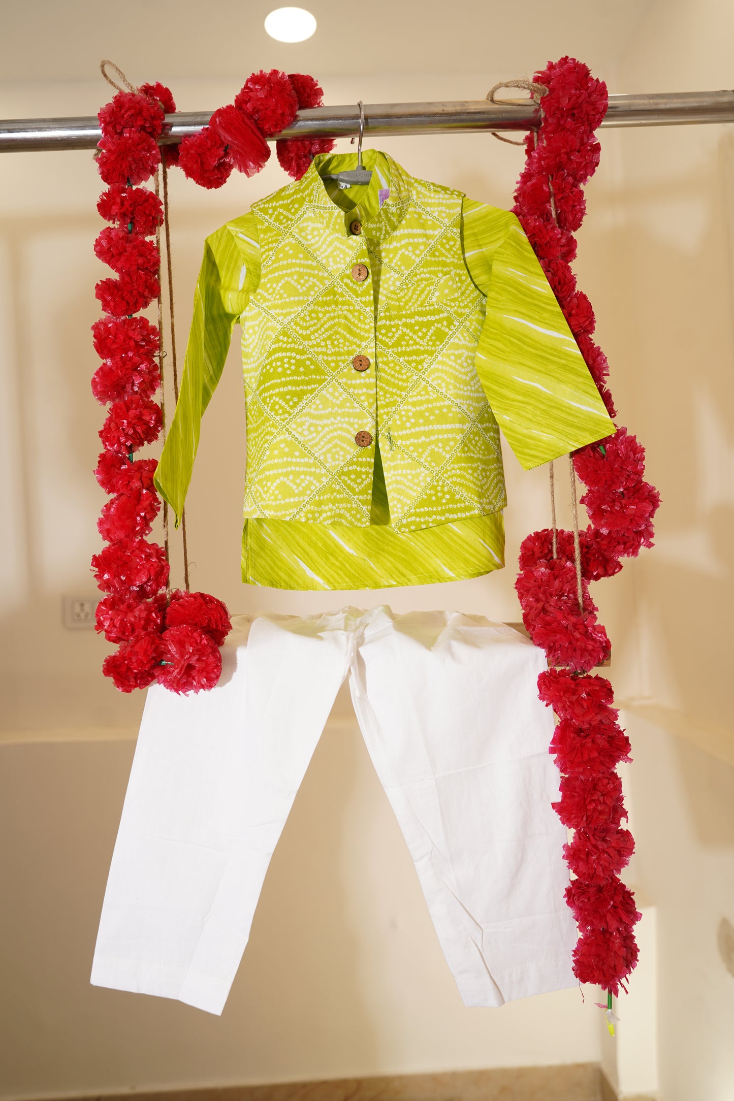 Parrot Green Bandhej Kurta and Jacket with Pyjama (Tie and Dye)