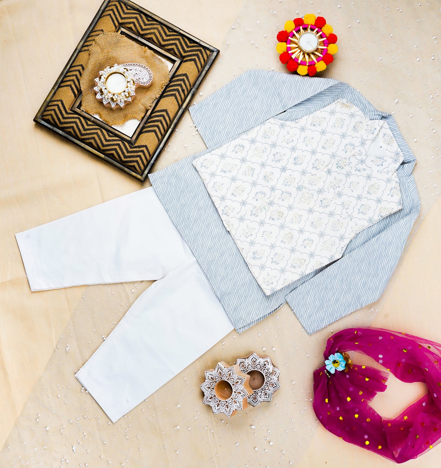 White Foil print Jacket with Kurta -Pyjama