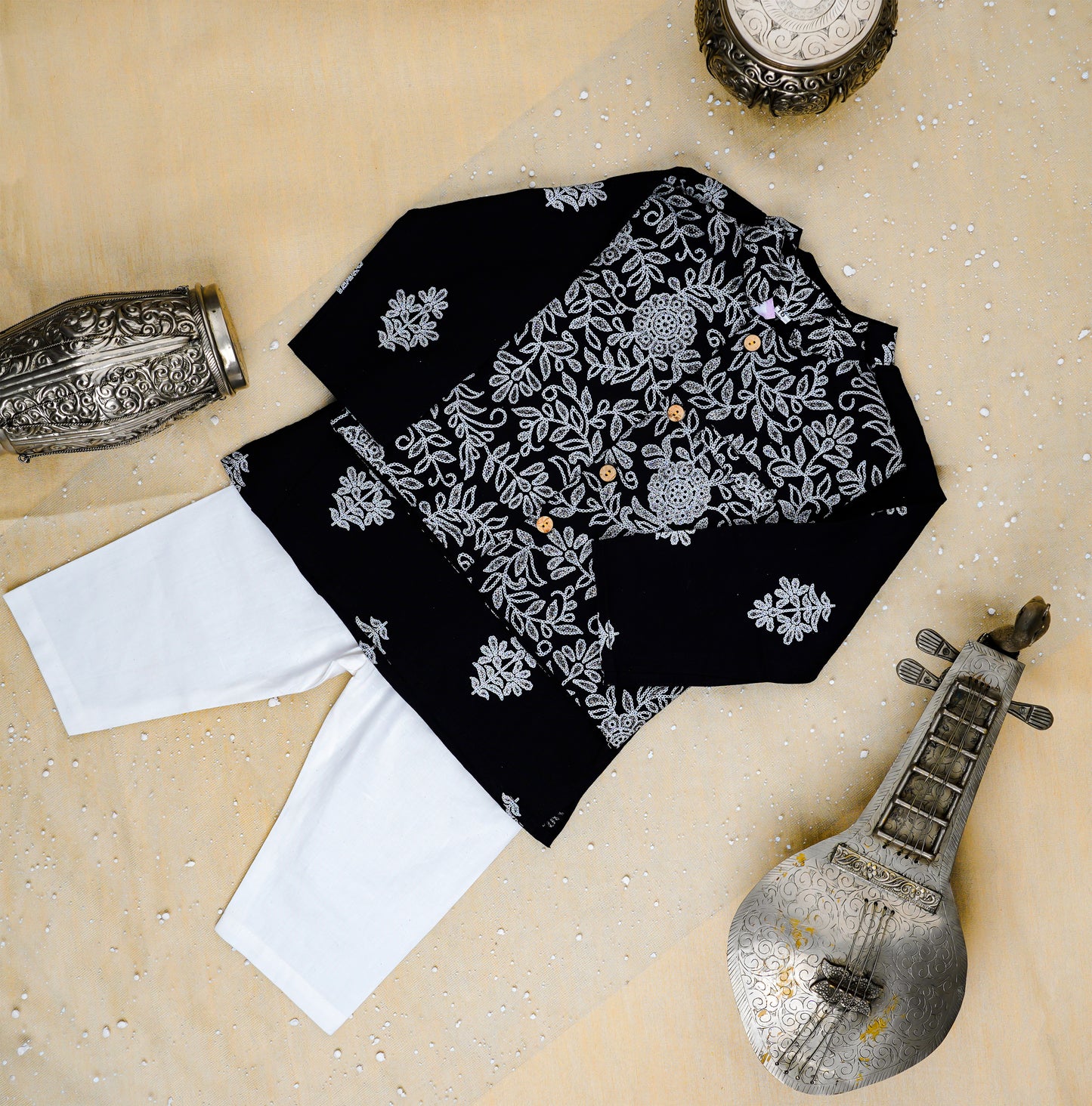 Black Khadi Print Jacket with Kurta -Pyjama