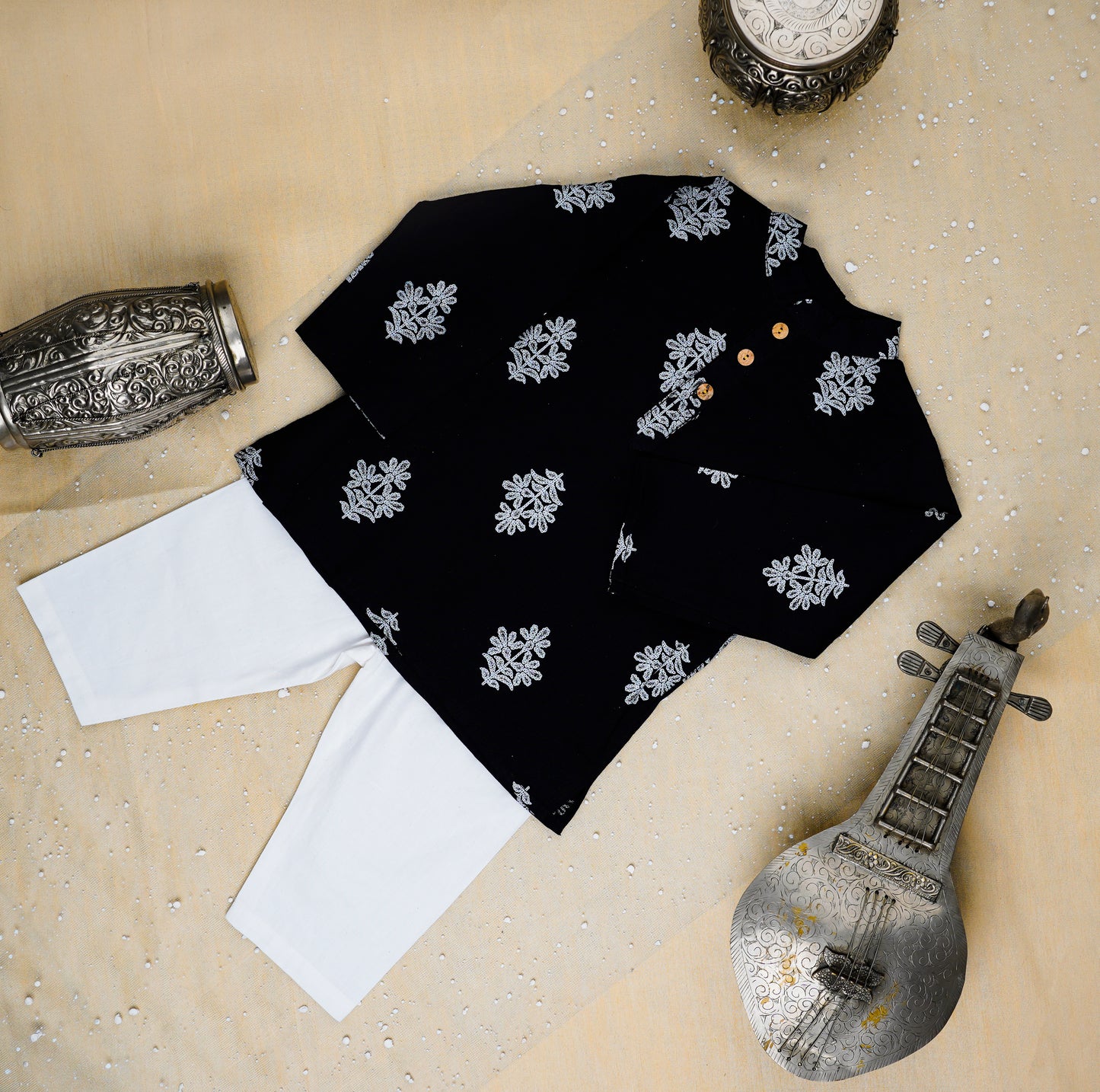 Black Khadi Print Jacket with Kurta -Pyjama