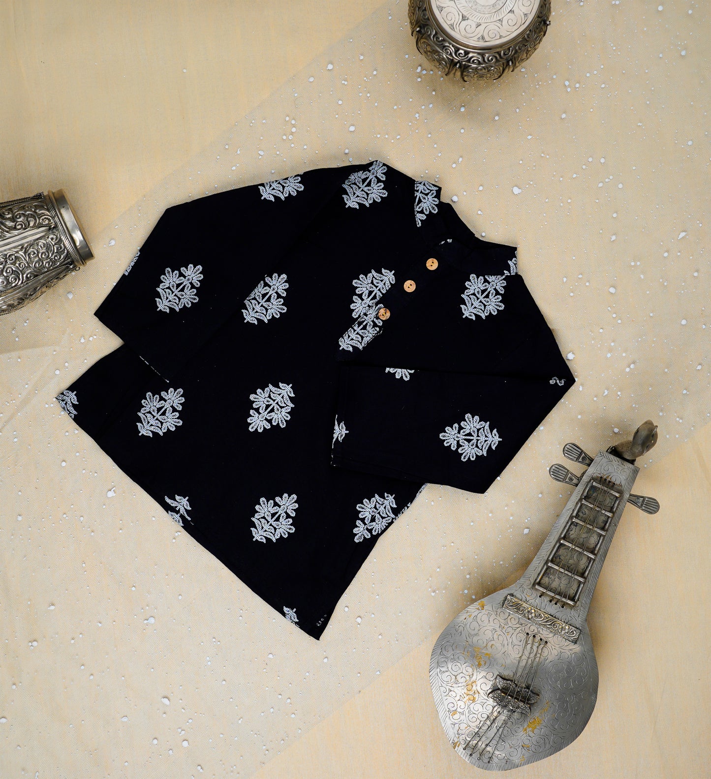 Black Khadi Print Jacket with Kurta -Pyjama