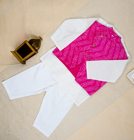 Baby Pink Bandhej Jacket with Kurta -Pyjama (Tie and Dye)