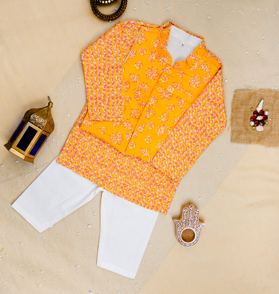Yellow Small Buta Jacket with Kurta -Pyjama
