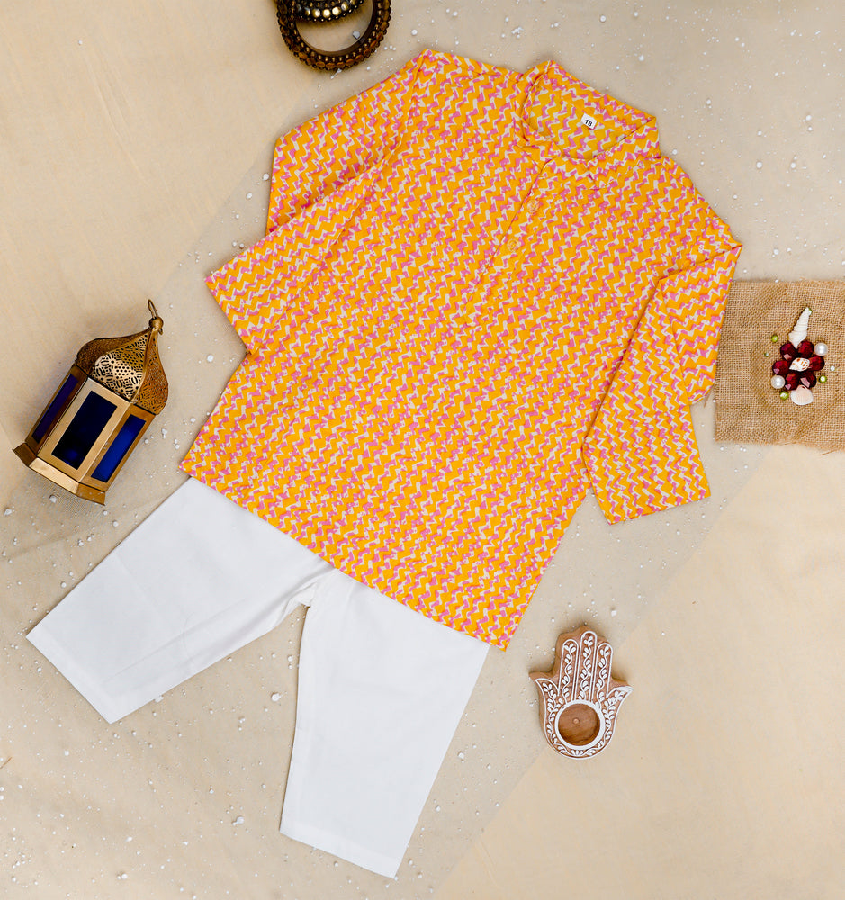 Yellow Small Buta Jacket with Kurta -Pyjama