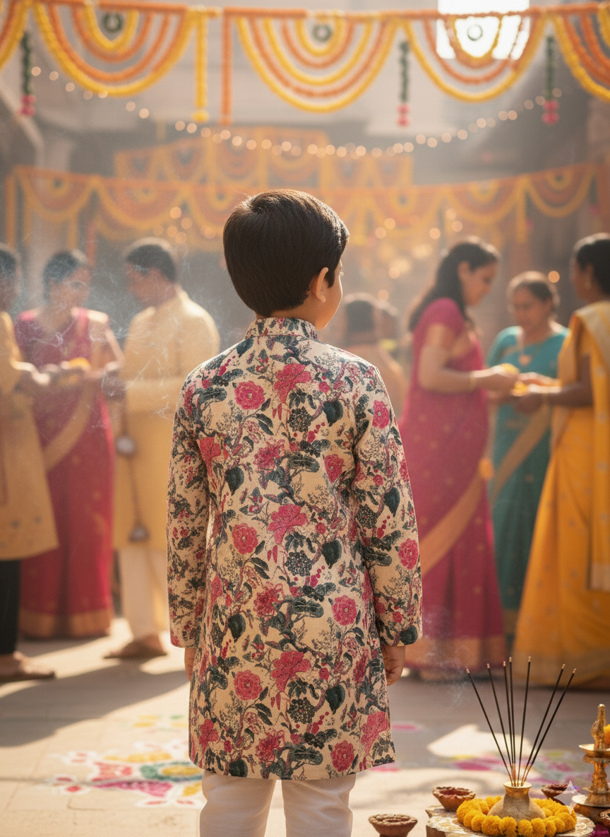 Teal Blue Floral Printed Boy's Kurta