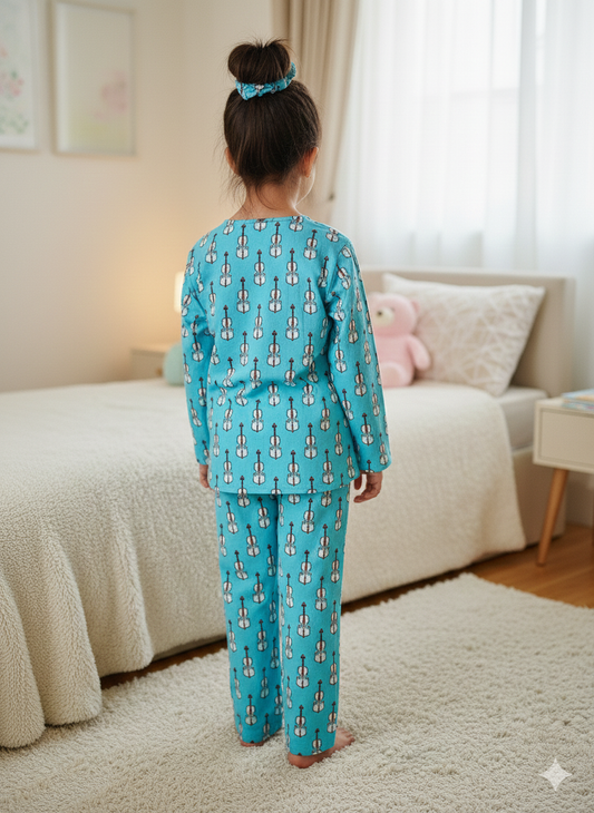 Guitar Print Aqua Color Night Suit