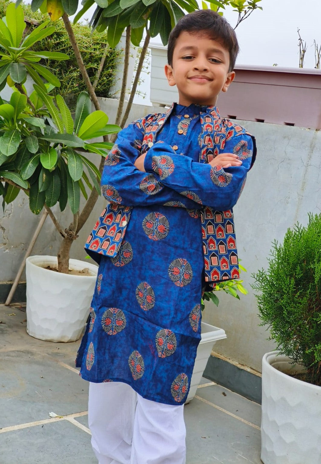 Blue Ajrakh Jacket with Kurta-Pyjama