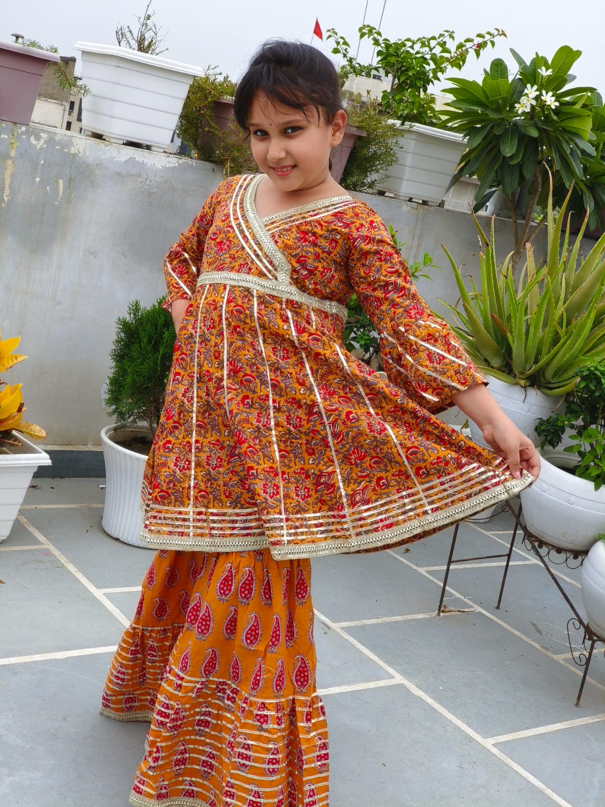 Block Printed Mustard Coloured Anarkali Suit With Sharara