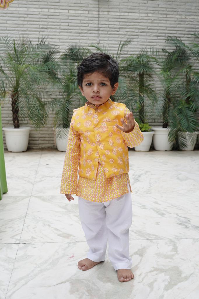 Yellow Small Buta Jacket with Kurta -Pyjama