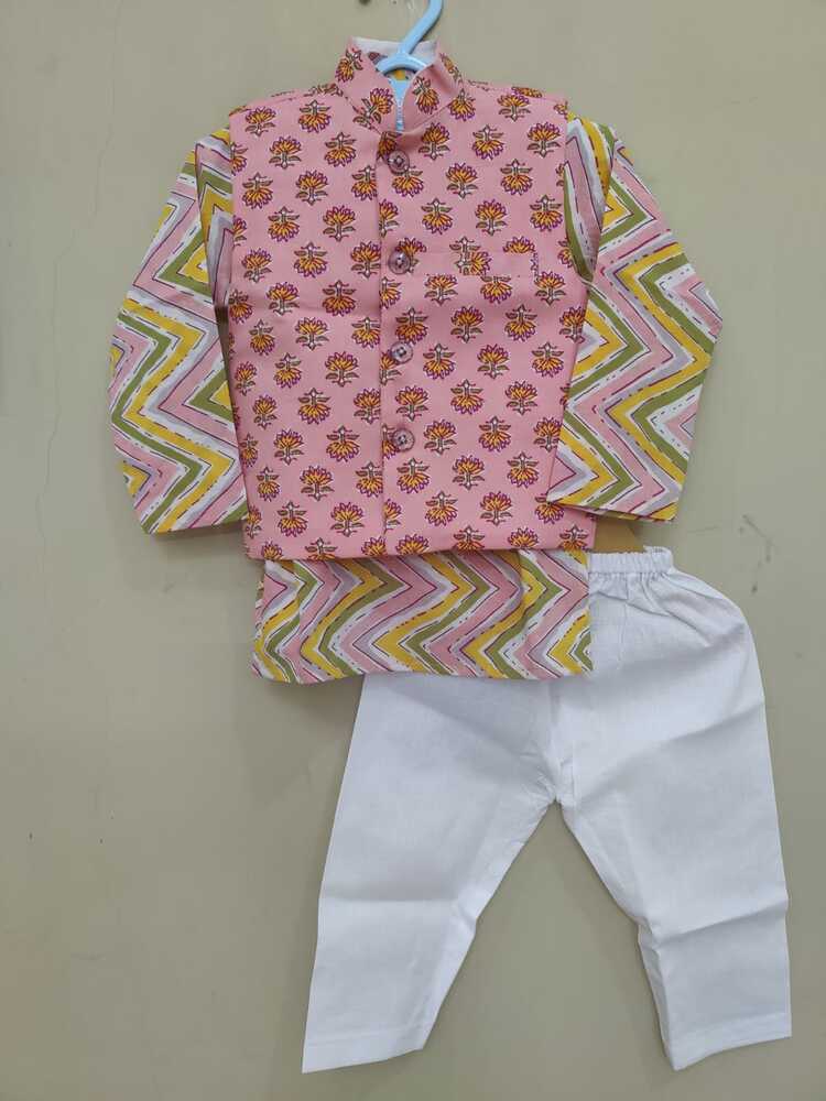 Peach/ pink block print Jacket with Kurta -Pyjama