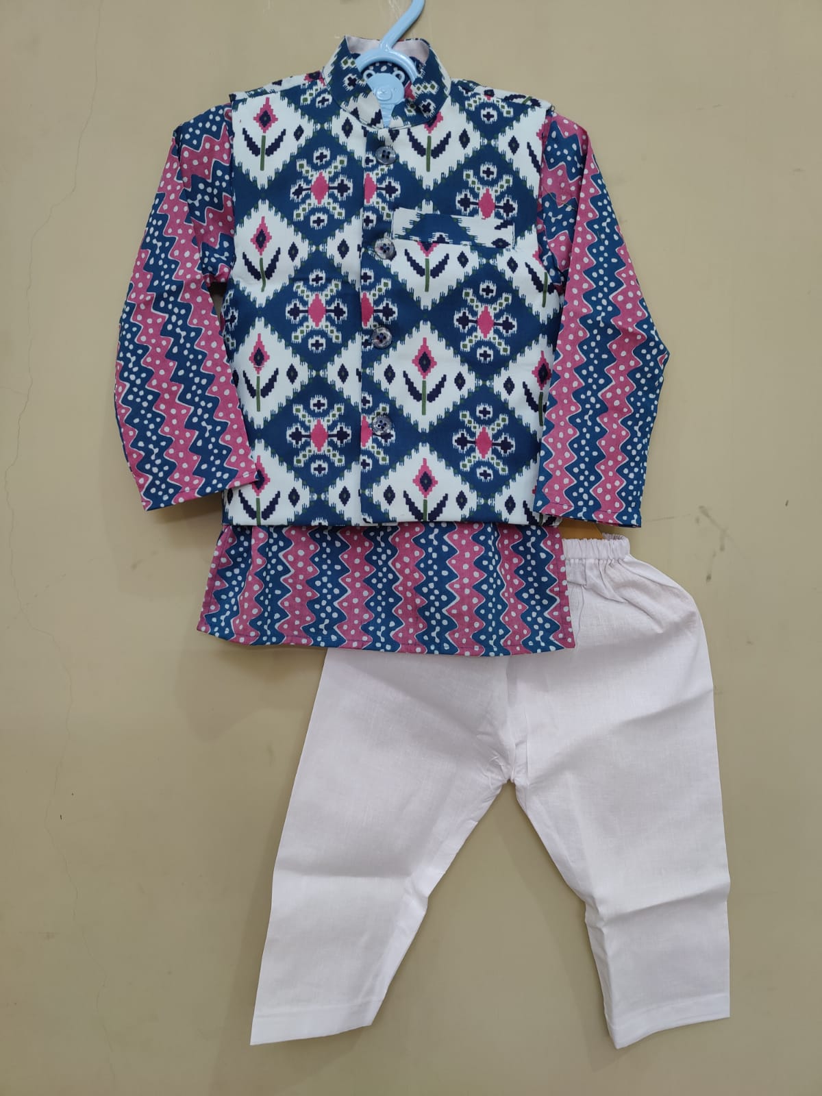 Ikkat Blue Print Jacket with Kurta -Pyjama