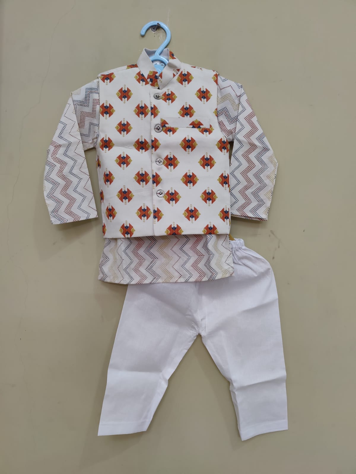 Ikkat Cream print Jacket with Kurta -Pyjama