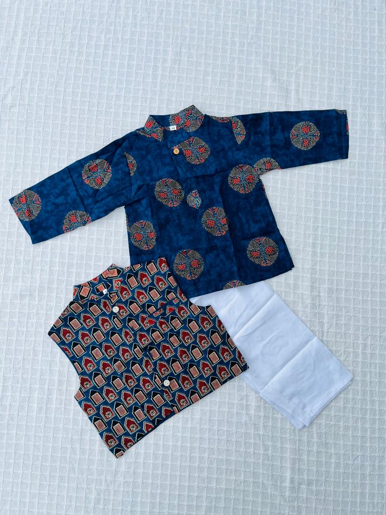 Blue Ajrakh Jacket with Kurta-Pyjama
