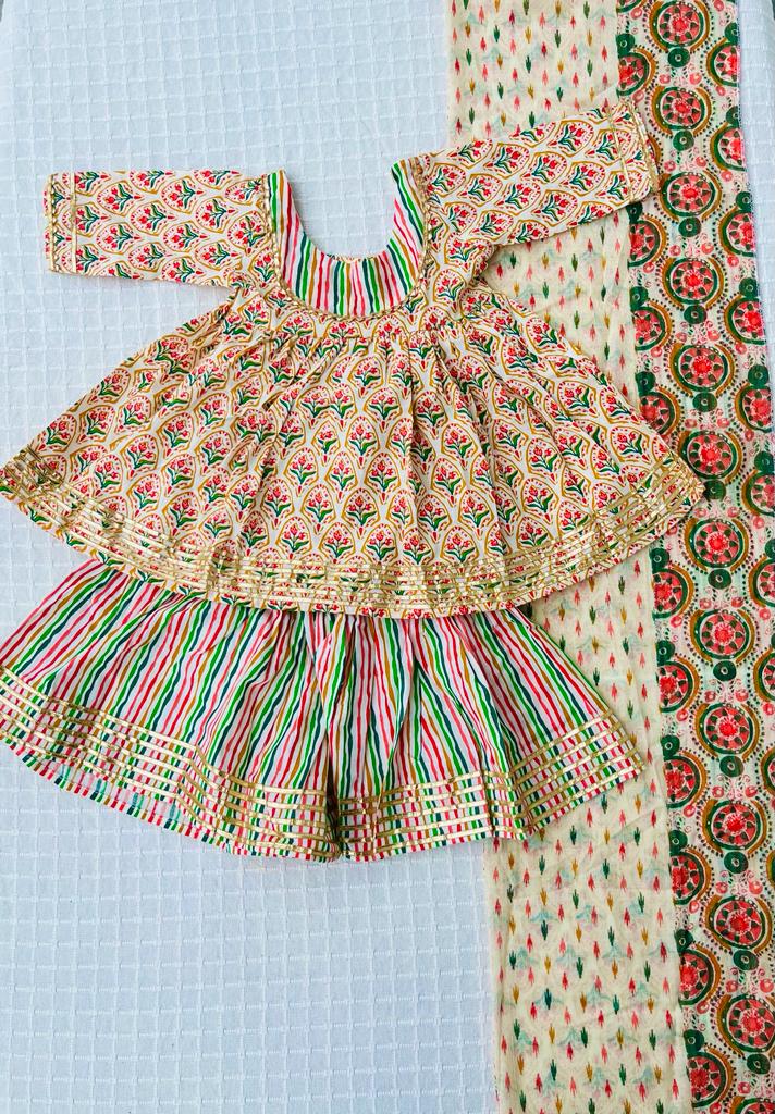 Block Print Cream Coloured Sharara With Anarkali Suit