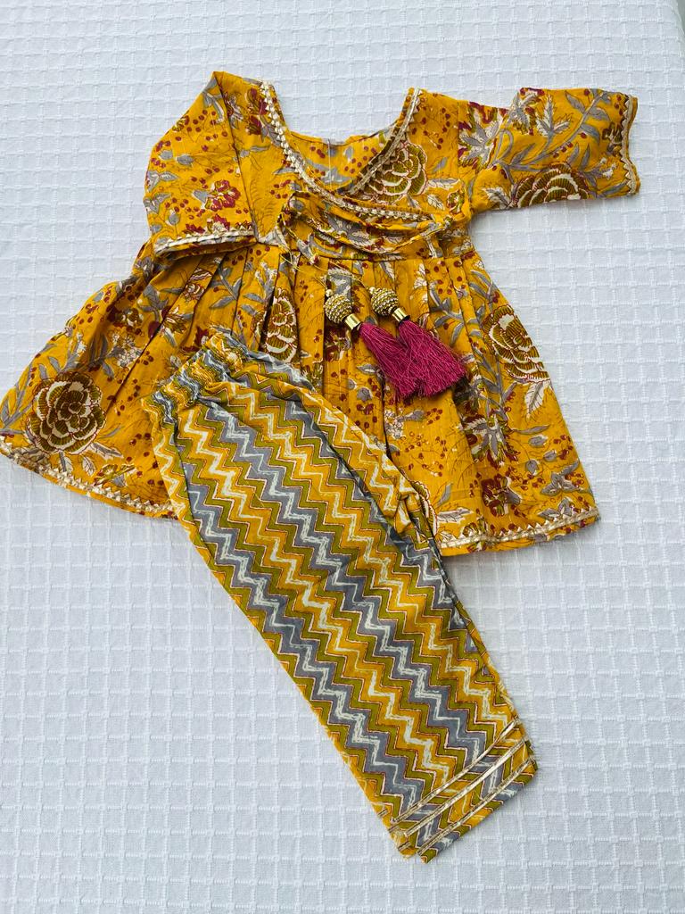 Mustard Colour Floral Printed Girls Flare Suit Set